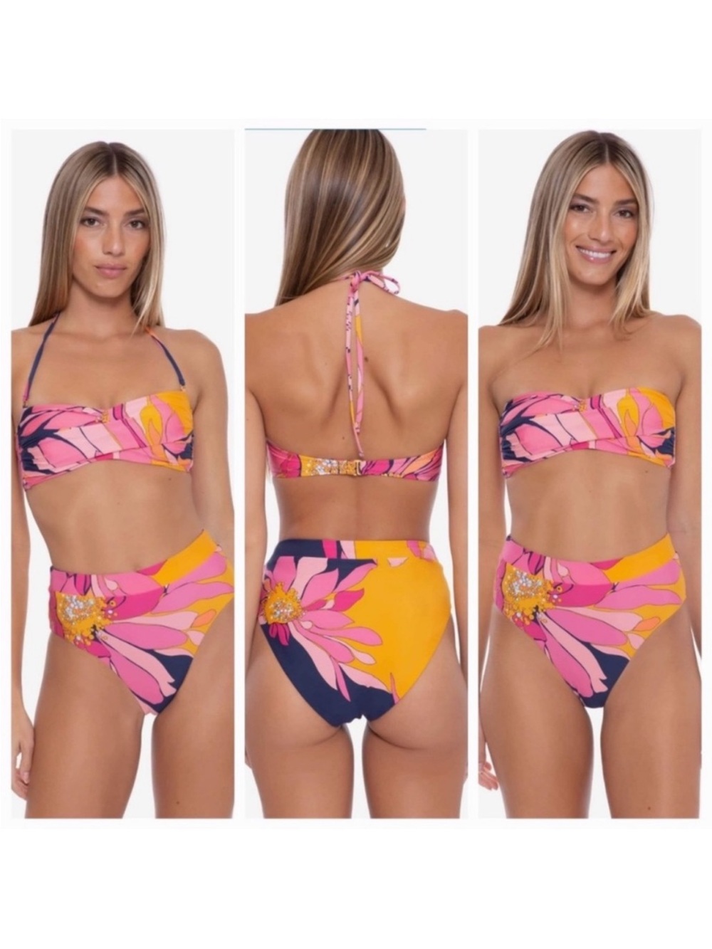 Trina Turk Pink & Yellow Floral High-Waist Bikini Set size 14